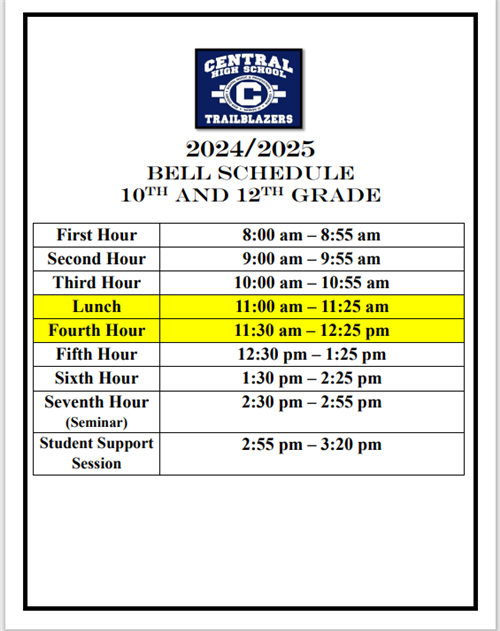 Schedule for 10th and 12th Grade